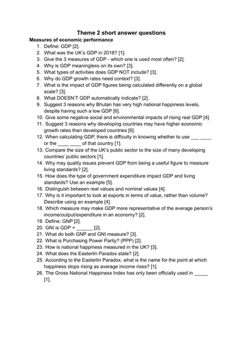 A Level macroeconomics theme 2 short answer questions