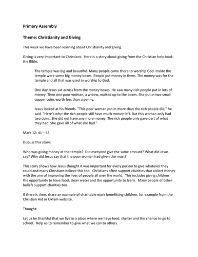 Primary assembly plan Christianity and giving