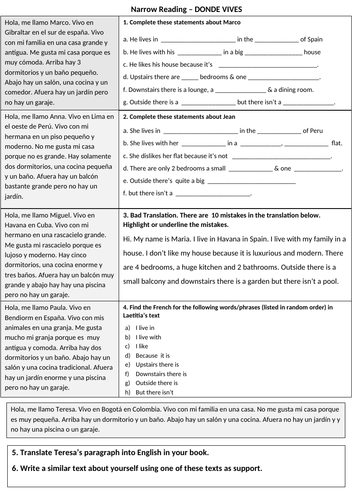 ks3 spanish donde vives narrow reading teaching resources