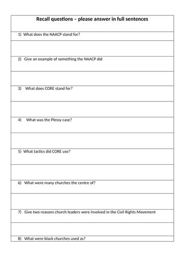 Edexcel 9-1 Recall questions the Civil Rights Movement
