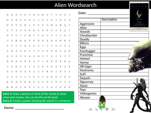 Alien Movie Wordsearch Puzzle Sheet Keywords Film Media Studies