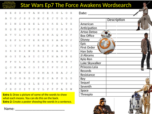 Star Wars The Force Awakens Movie Wordsearch Puzzle Sheet Keywords Film Studies