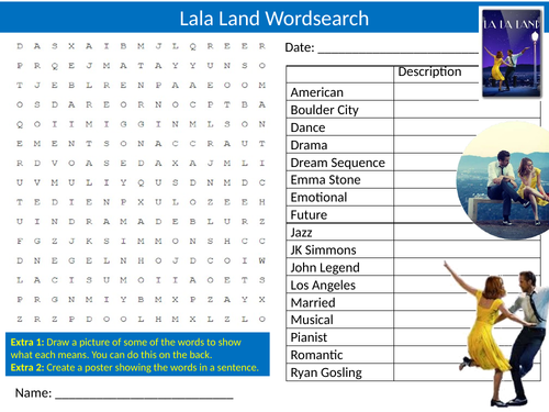 Lala Land Movie Musical Wordsearch Puzzle Sheet Keywords