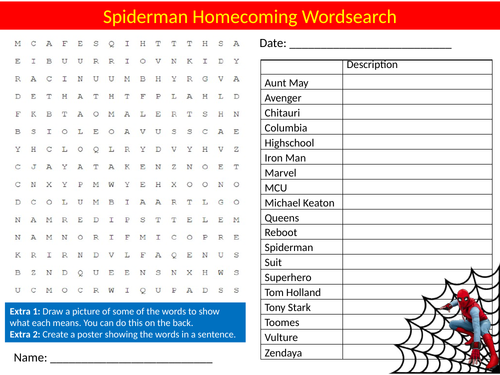 Spiderman Homecoming Movie Wordsearch Puzzle Sheet Keywords Film Media Studies