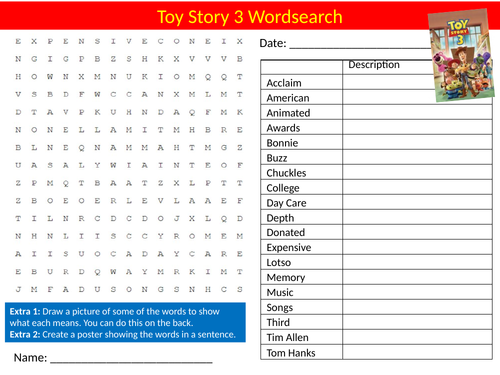 Toy Story 3 Movie Wordsearch Puzzle Sheet Keywords Film Media Studies