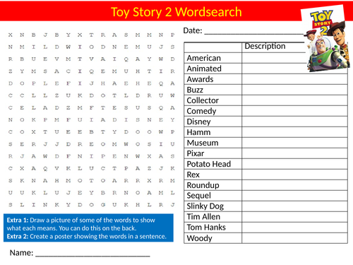Toy Story 2 Movie Wordsearch Puzzle Sheet Keywords Film Media Studies