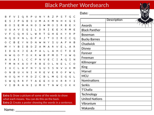 Black Panther Movie Wordsearch Puzzle Sheet Keywords Film Media Studies
