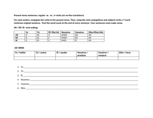 Present tense sentences ar er ir verbs