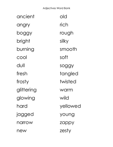 Literacy English adjectives word bank sheet KS1