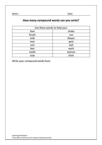 Literacy English compound words sheet KS1