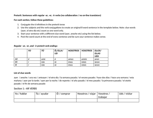 Preterit sentences with regular ar er ir verbs