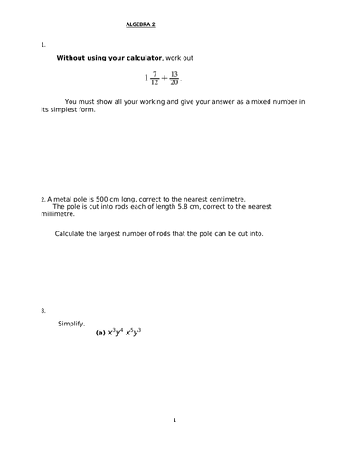 ALGEBRA 2 WITH ANSWERS | Teaching Resources