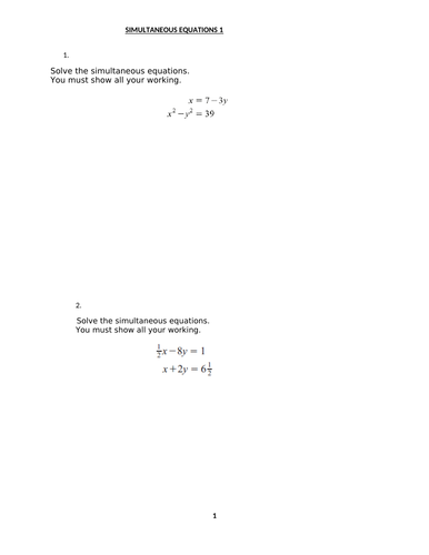 SIMULTANEOUS EQUATIONS WITH ANSWERS