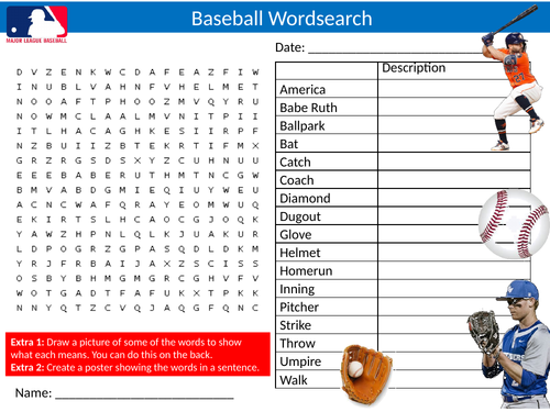 US Baseball Wordsearch Puzzle Sheet Keywords Sport