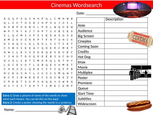 Movie Cinemas Wordsearch Puzzle Sheet Keywords Film Media Studies
