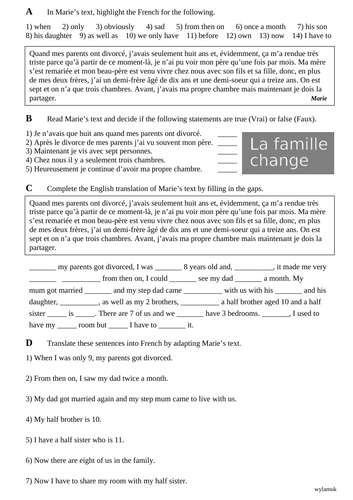 AQA French Higher, p.20, La famille change