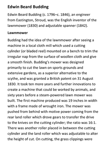Edwin Beard Budding (inventor of the lawnmower) Handout Teaching
