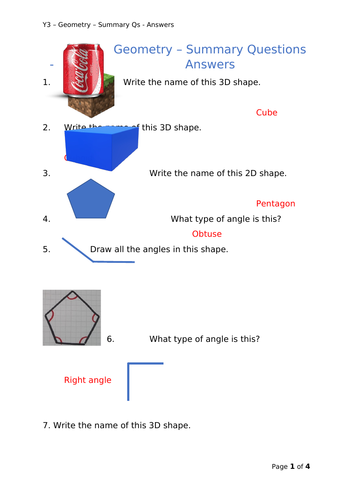 Y3 Maths - Geometry - Mixed Questions