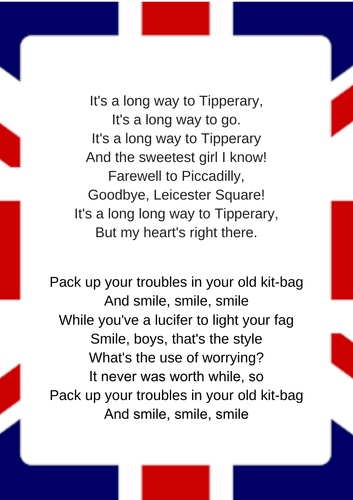 Pack up your Troubles & Tipperary Song Words | Teaching Resources