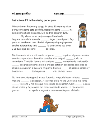 Spanish Por vs. Para Reading Worksheet: Mi perro perdido