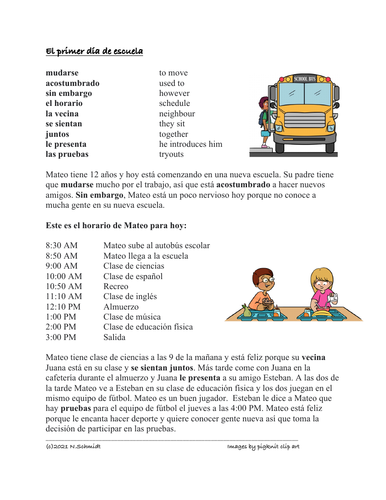 First Day of School Spanish Reading: Primer Día de la Escuela Lectura