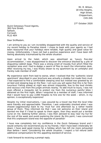 Complaint letter for a holiday - WAGOLL