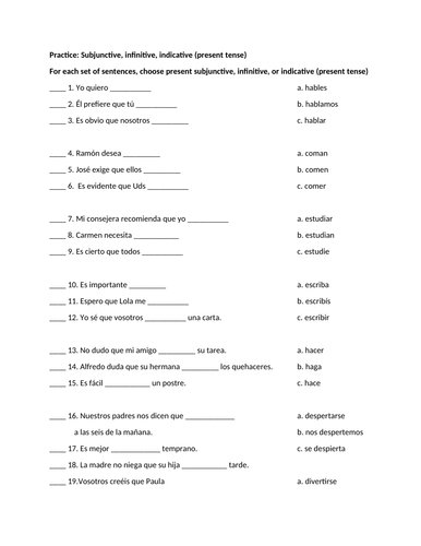 Worksheet indicative v subjunctive infinitive