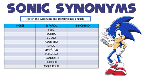 Spanish Sonic Synonyms Worksheet