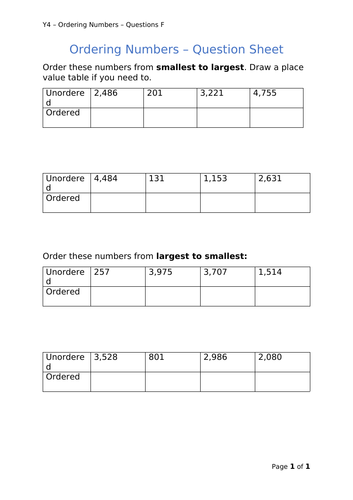 Y4 Maths - Ordering Numbers (Free)