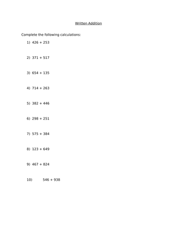 Written Addition 3 By 3 Worksheets Teaching Resources