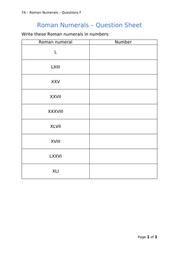 Y4 Maths - Roman Numerals (Free)