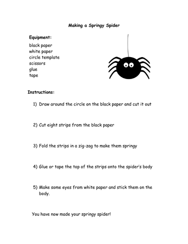 Literacy instructional writing KS1 simple craft activity instructions Making a Springy Spider