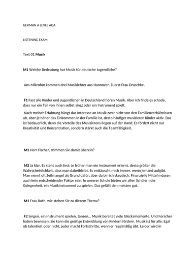 GERMAN A LEVEL AQA transcripts from listening exams with vocabulary ...