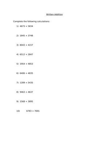 Written Addition (4 by 4) Worksheets