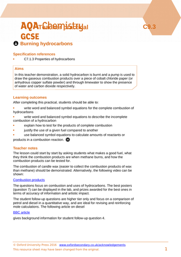 Properties of hydrocarbons and combustion