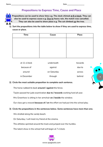 Prepositions to express time, cause and place