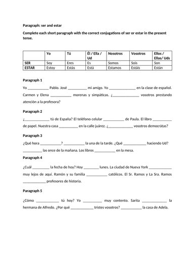 Ser estar mini paragraphs