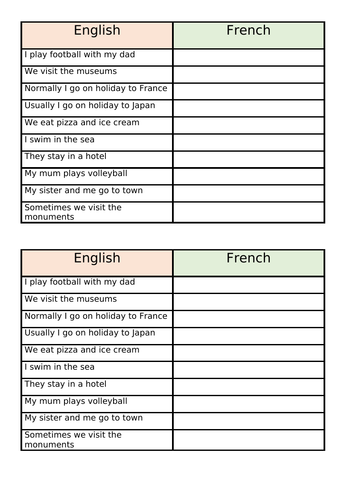 GCSE French regular present tense practice (Holidays)
