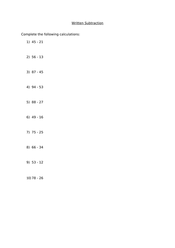 Written Subtraction (2 by 2 with no exchange) Worksheets