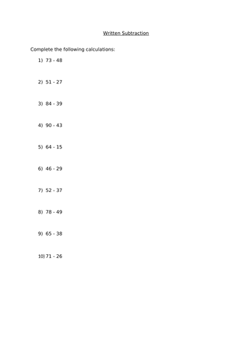 Written Subtraction (2 by 2 with exchanging) Worksheets