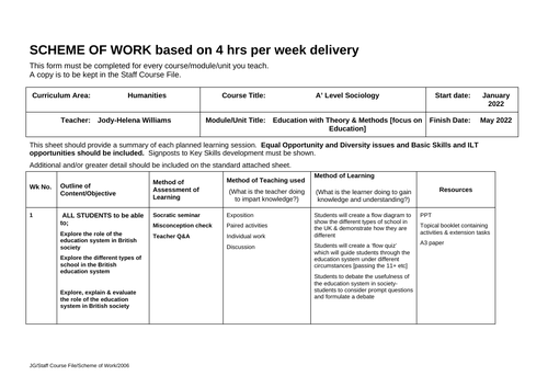 A Level Sociology Education Scheme of Work