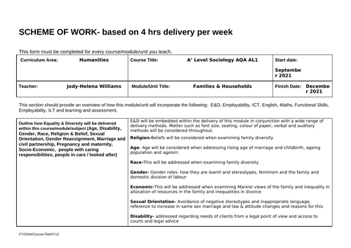 A Level Sociology Family Scheme of Work