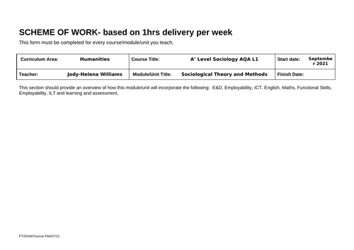 A' Level Sociology Sociological Perspectives Theory Scheme of Work