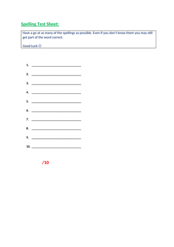 Spelling test sheet