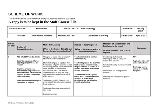 A2 Beliefs in Society Scheme of Work