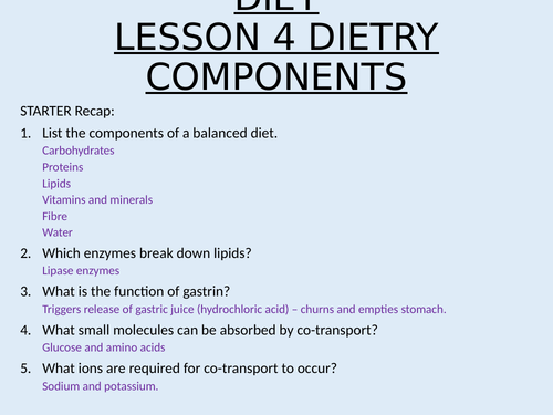 Applied Science AO1 Diet and Digestive system Lesson 4 Dietry Components