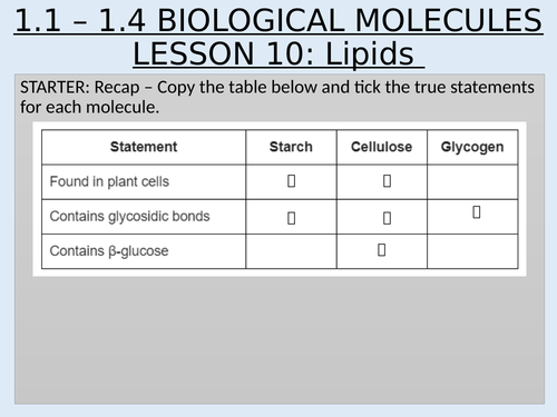 AS Topic 1 Biological Molecules 1.1 - 1.4 Biological Molecules and Enzymes Lesson 10 Lipids