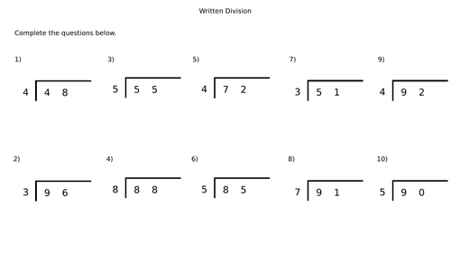 Written Division (2-digit by 1-digit with no remainders) Worksheets