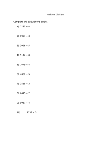 Written Division (4-digit by 1-digit) Worksheets