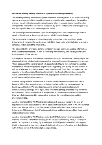 Discuss the Working Memory Model (WMM) 16 marks Model Essay Answer AQA ...
